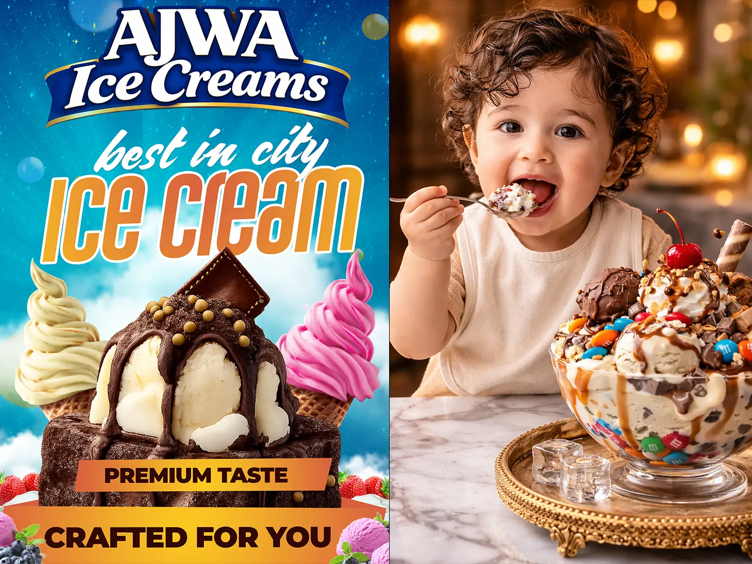 AJWA Ice Cream branding and poster design by Trico Makes Madurai